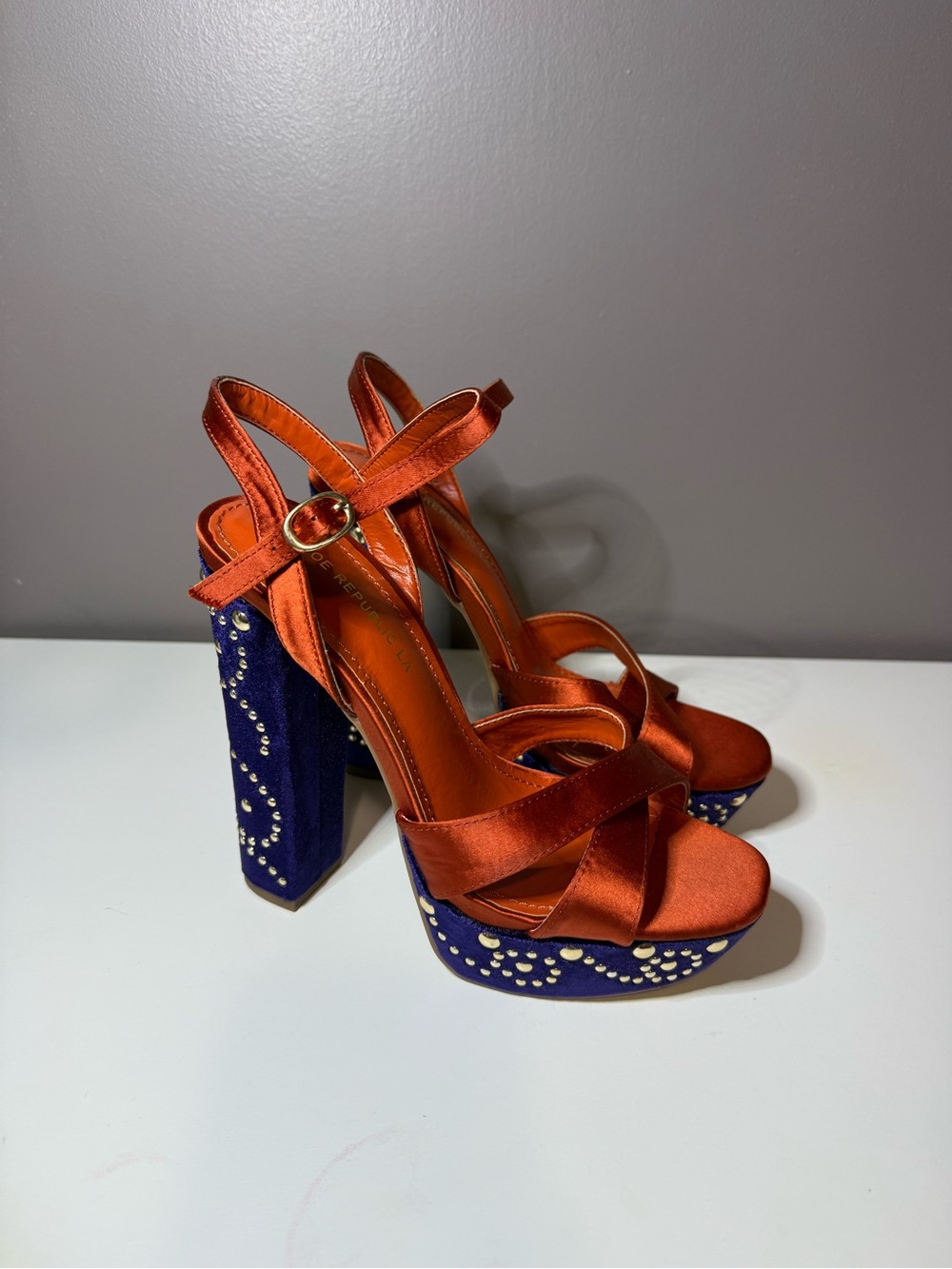 Shoe Republic LA Orange Satin Platform Sandals with Embellished Navy Block Heel